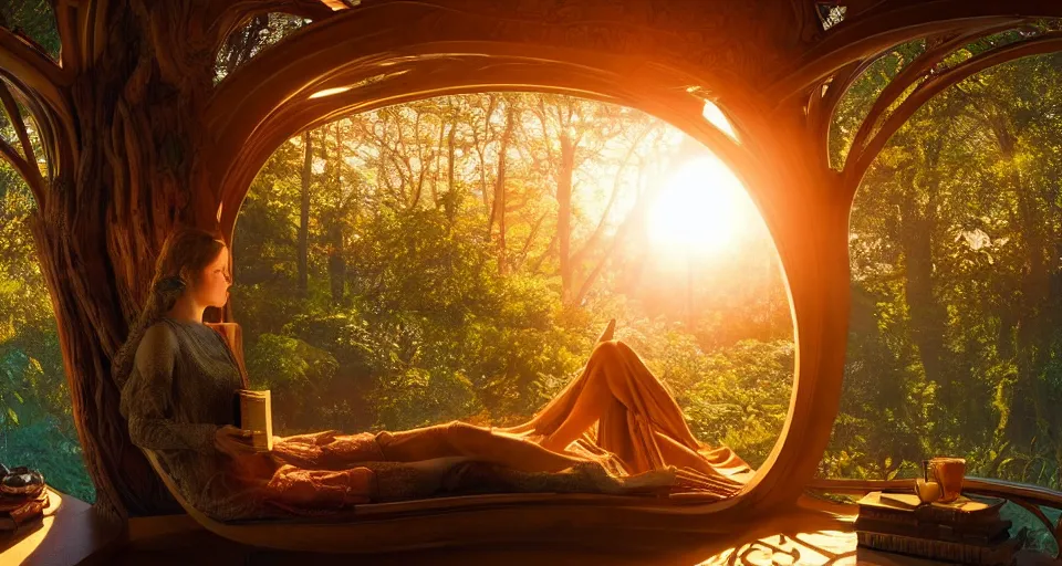 Prompt: An incredibly beautiful scene from a 2022 sci-fi film featuring a cozy art nouveau reading nook inside a fantasy treehouse. Golden Hour. 8K UHD.