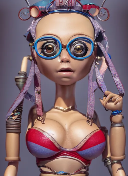 Image similar to closeup of a tin toy bikini girl, depth of field, zeiss lens, detailed, symmetrical, centered, fashion photoshoot, by nicoletta ceccoli, mark ryden, lostfish, earl nore, hyung tae, frank frazetta, breathtaking, 8 k resolution, extremely detailed, beautiful, establishing shot, artistic, hyperrealistic, octane render