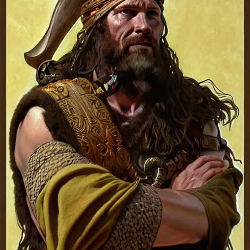 Prompt: portrait painting of bronze age viking traveller in robes, ultra realistic, concept art, intricate details, ornate, highly detailed, photorealistic, photorealism, octane render. art by mike mignola and alphonse mucha and jack kirby