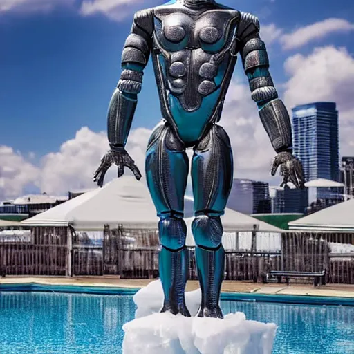 Image similar to a realistic detailed photo of a guy who is an attractive humanoid who is half robot and half humanoid, who is a male android, wrestler finn balor, shiny skin, posing like a statue, blank stare, by the pool, on display, showing off his muscles, humanoid robot, frozen ice statue