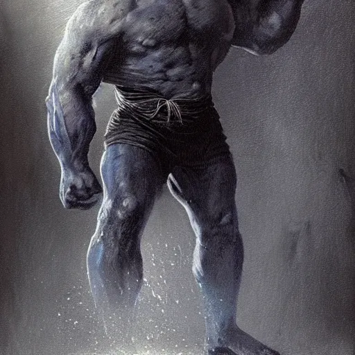 Image similar to artstation concept a midnight blue hulk jolding a meat cleaver, dusty, hyperdetailed, artstation trending, world renowned artists, worth 1 0 0 0. com, historic artworks society, antique renewel, cgsociety, by greg rutkowski, by gustave dore, deviantart