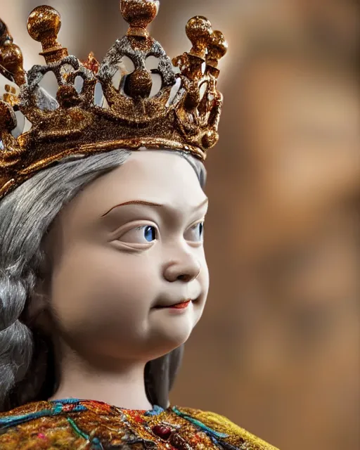 Image similar to highly detailed closeup, face profile portrait of a tin toy weimar greta thunberg as a fairytale princess wearing a crown and sitting on a throne, bikini, depth of field, otto dix, breathtaking, detailed and intricate environment, 8 k resolution, hyperrealistic, octane render