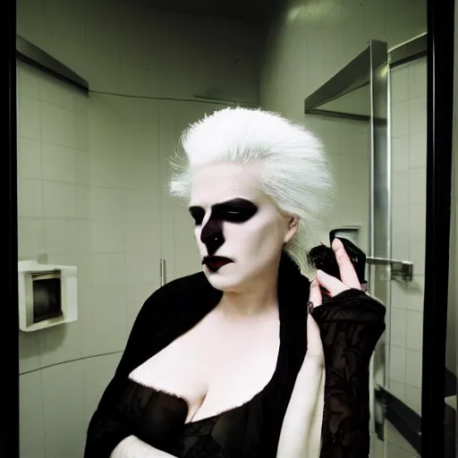 Image similar to a woman with white hair and makeup in a bathroom, an album cover by nan goldin, tumblr, international gothic, goth, antichrist, gothic