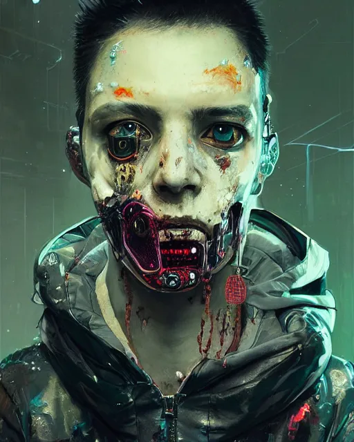 Image similar to detailed portrait zombie, cyberpunk futuristic neon, reflective puffy coat, decorated with traditional Japanese ornaments by Ismail inceoglu dragan bibin hans thoma greg rutkowski Alexandros Pyromallis Nekro Rene Maritte Illustrated, Perfect face, fine details, realistic shaded, fine-face, pretty face