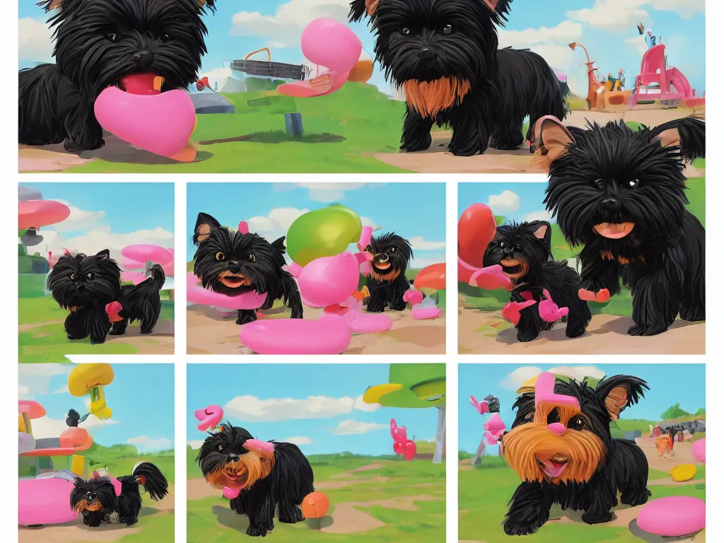 Image similar to a comic strip of a smiling black and caramel Yorkshire Terrier, art by Goro Fujita, plus a pink rubber monkey, the two animals play in a simply sketched park, art by Goro Fujita