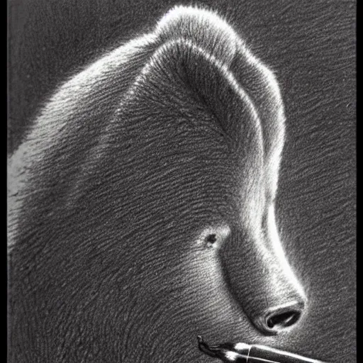 Prompt: a pencil drawing of a bear smoking a cigar