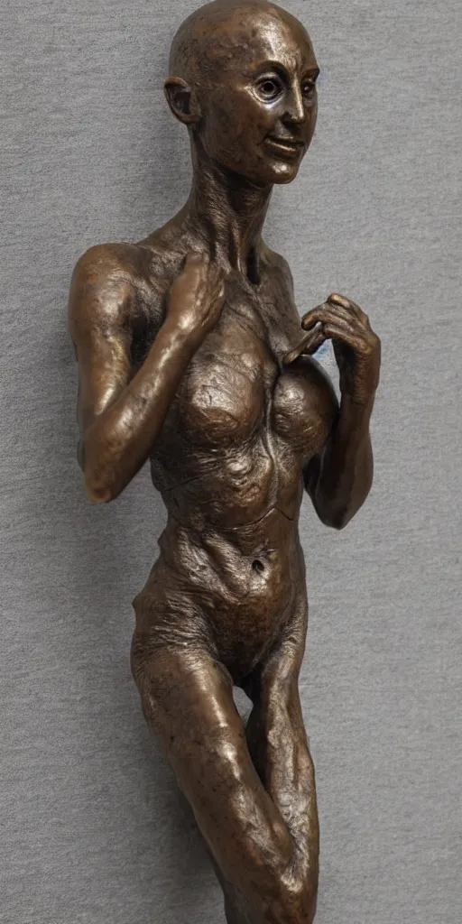 Prompt: detailed photo of old bronze patina statue of most beautiful alien woman, full body portrait, various bending poses, photorealism, intricate detail, museum diffuse lighting