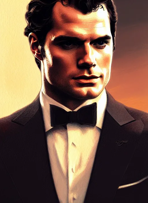 Image similar to portrait of henry cavill as james bond, casino, key art, running, highly detailed, digital painting, artstation, concept art, cinematic lighting, sharp focus, illustration, by gaston bussiere alphonse mucha