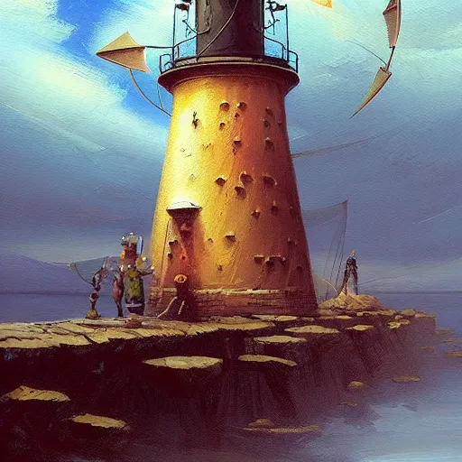 Prompt: level windmill lighthouse turbine propeller sails in Hand Crafted from composite materials by Futuristic Steampunk Savant Neurocrafter Gnomes. Painting by anato finnstark greg rutkowski Donato Giancola Jeff Simpson tombow