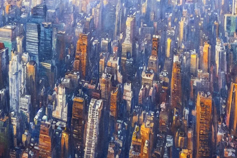 Prompt: tsunamic crashing over manhattan, bird's eye view, wide shot, cinematic, realistic painting