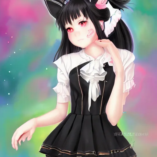 Prompt: realistic beautiful gorgeous natural cute fantasy young teenager girl black hair cute black cat ears in maid dress outfit beautiful eyes artwork drawn full HD 4K highest quality in artstyle by professional artists WLOP, Taejune Kim, Guweiz, ArtGerm on Artstation Pixiv