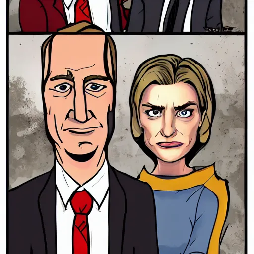 Image similar to kim wexler and saul goodman, cartoon concept art, trending on artstation, high quality