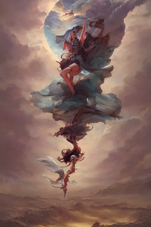 Image similar to sorceress falling through the sky, by peter mohrbacher, artgerm, karol bak, loish, ayami kojima, james stokoe, highly detailed, ultra detailed, ultra realistic, trending on artstation