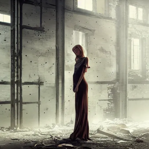 Image similar to a beautiful woman standing in an abandoned building surrounded by broken machinery, dutch, blonde, tall, pretty, by tim walker, atmospheric, epic composition, trending on artstation, octane render