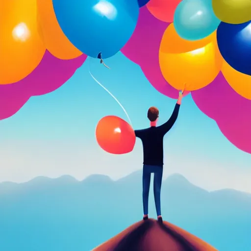 Image similar to a person standing on top of a hill under a bunch of balloons, digital art by RHADS, shutterstock contest winner, digital art, behance hd, photoillustration, whimsical