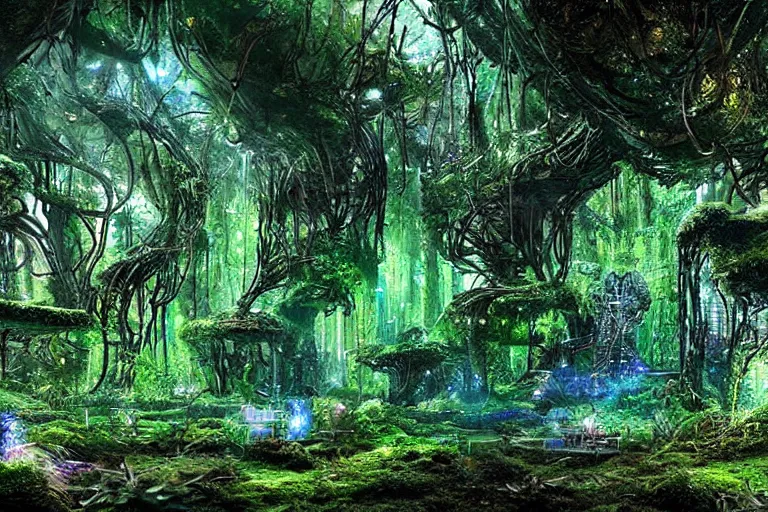 Prompt: high - tech atlantean scifi ruins in the jungle covered in moss, hologram projections, forest spirits dancing, fantasy concept art