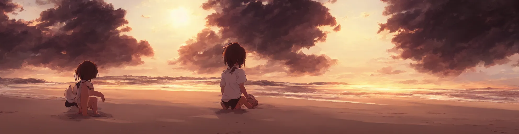 Image similar to beautiful, detailed digital painting of a brown-haired child playing on the beach and looking at the sunset, anime by Makoto Shinkai, sand, waves, trending on artstation