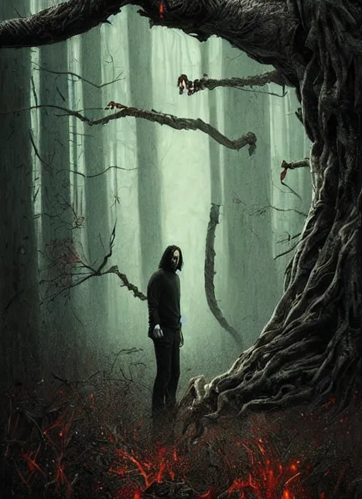 Image similar to highly detailed horror movie poster with angry creepy keanu reeves as a tree, keanu reeves faces in the bark of many trees sentient leafy catastrophe by greg rutkowski, masterpiece, really funny, 1 0 / 1 0 creepy