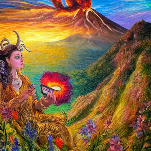 Prompt: painting by senior concept artist josephine wall, horned ram goddess checking her cell phone, erupting volcano and sunset in distance in background, flowers in foreground, fantasy, acrylic on canvas, intricately detailed, highly detailed, high resolution, hdr, 8 k, trending on artstation