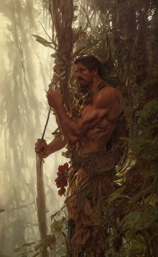 Image similar to god of the forest, 3 0 years old, rugged, handsome, male, detailed face, clean lines, atmospheric lighting, amazing, full body, flowers, muscular, intricate, highly detailed, digital painting, artstation, concept art, sharp focus, illustration, art by greg rutkowski and alphonse mucha