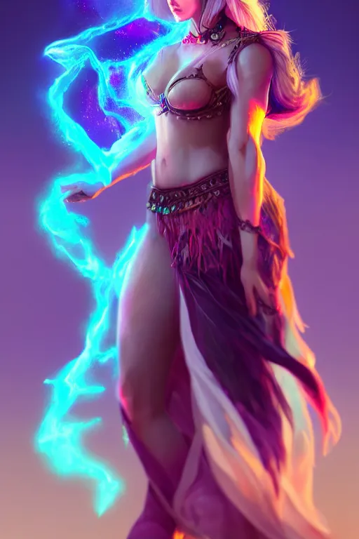 Prompt: a human elemental sorceress, mountainous setting, colorful magic effects, white skin, portrait, female, clothed, sharp focus, digital art, concept art, trending on artstation, dynamic lighting, by emylie boivin