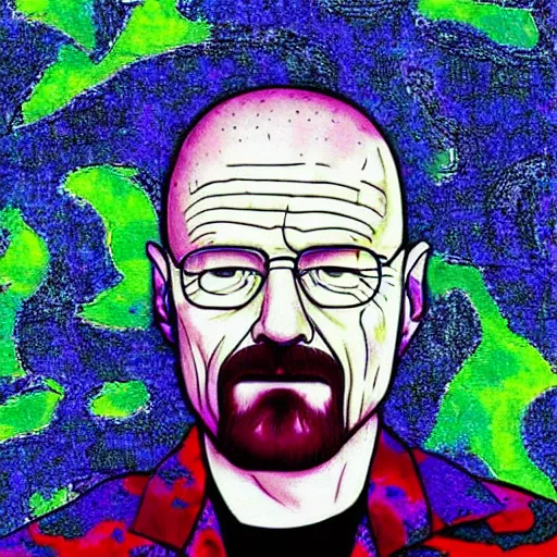 Image similar to walter white with a psychedelic background