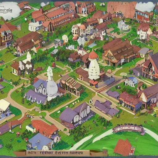 Image similar to a town map with town hall and playground, artstation, concept art, ghibli