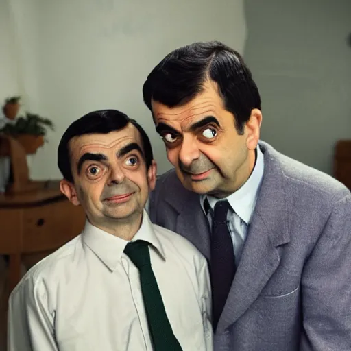 Image similar to A portrait mr bean teams up with a teenage rowan atkinson, perfect faces, 50 mm, award winning photography