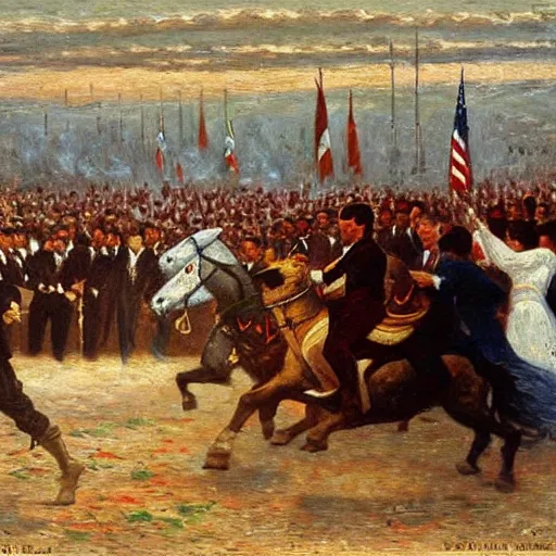 Image similar to George H.W. Bush destroys Iraq, oil on canvas, 1883