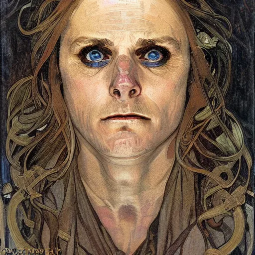 Image similar to hannibal lector, in the style of donato giancola, and in the style of vanessa lemmen, and in the style of alphonse mucha. symmetry, smooth, sharp focus, semi - realism, intricate detail.