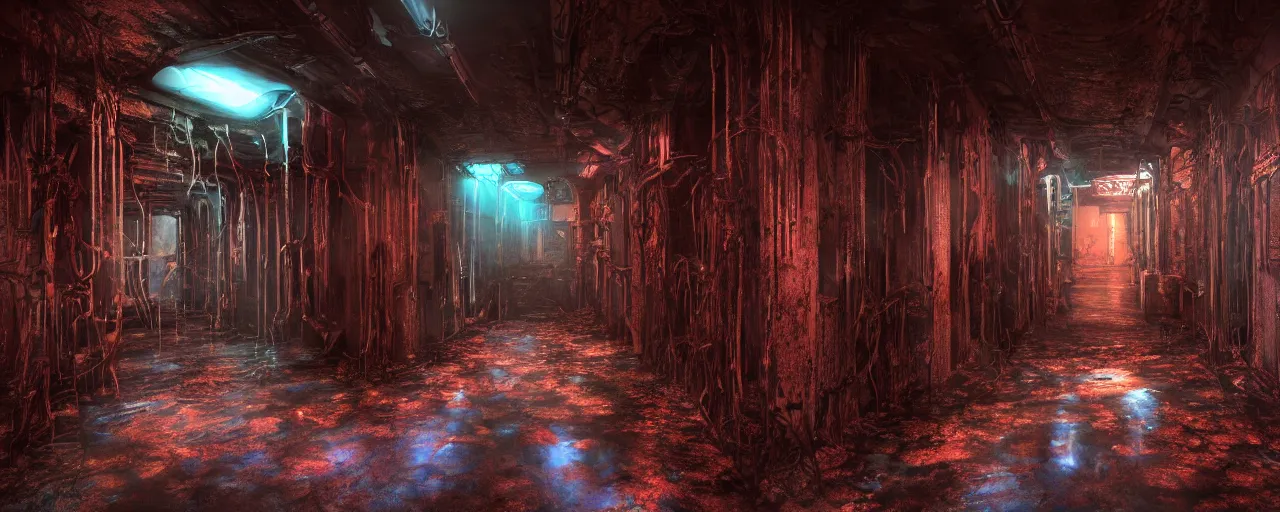 Prompt: Film still of a dimly lit corridor on an alien space ship, dark matte metal, floor grills, ventilation shafts, dusty, orange, purple and cyan lighting, water dripping, puddles, wet floor, rust, decay, vines, overgrown, alien plants, tilted camera angle, wide-angle lens vanishing point, year 3000, Cinestill colour cinematography, anamorphic, giger