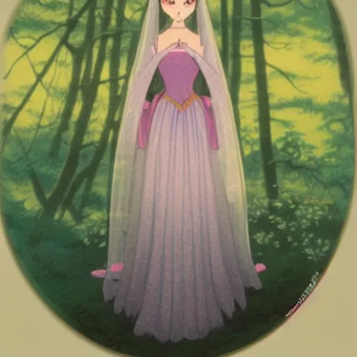 Image similar to a photograph, beauty & mystery of princess aurora. enigmatic smile and gaze invite us into her world, and we cannot help but be drawn in. soft features & delicate way she is dressed make her almost ethereal. landscape distance and mystery. what secrets princess aurora holds. sticker illustration by hayao miyazaki, by robert vonnoh swirling