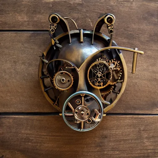 Prompt: steampunk mechanical cat head, bronze, gears, on a wooden table