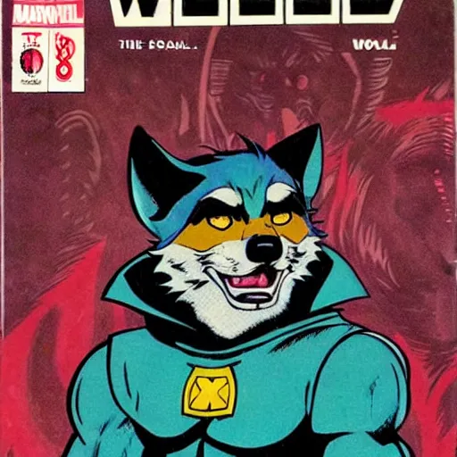 Image similar to 1 9 8 0 s comic book cover scan featuring a portrait of villain male wolf o'donnell anthropomorphic wolf furry fursona from starfox wearing a dark space mercenary uniform, dark grey wolf, handsome eyes, wolf o'donnell