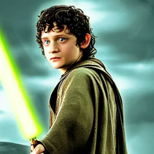 Prompt: frodo in star wars holding a light saber in tolkien style