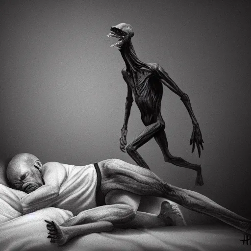 Image similar to A gangly humanoid monster running towards a person sleeping in a bed, trending on Artstation, Digital Painting, Photo Realistic, Dynamic Lighting, Gloomy, Insanely Detailed, Award Winning