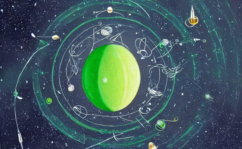 Prompt: a green egg orbiting in space above earth with concentric rings of symbols, syringes, acupuncture needles, eyedroppers, and christian crosses in a round path, painting