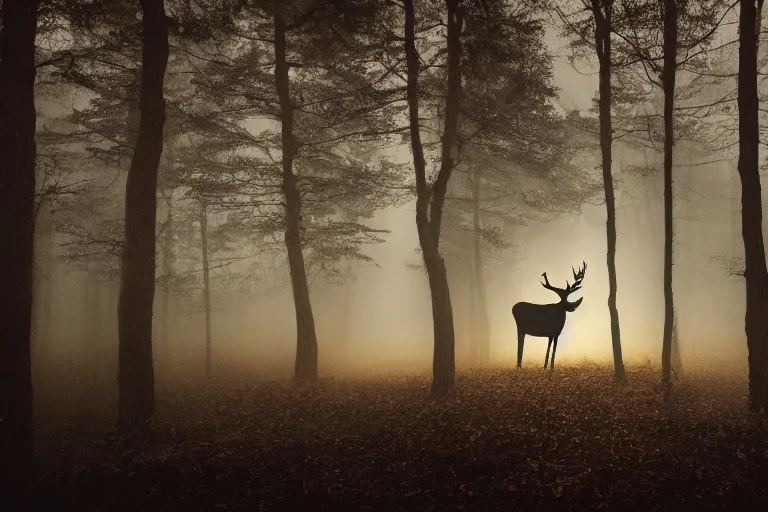 Image similar to a creepy dark forest illuminated by a glowing stag, night