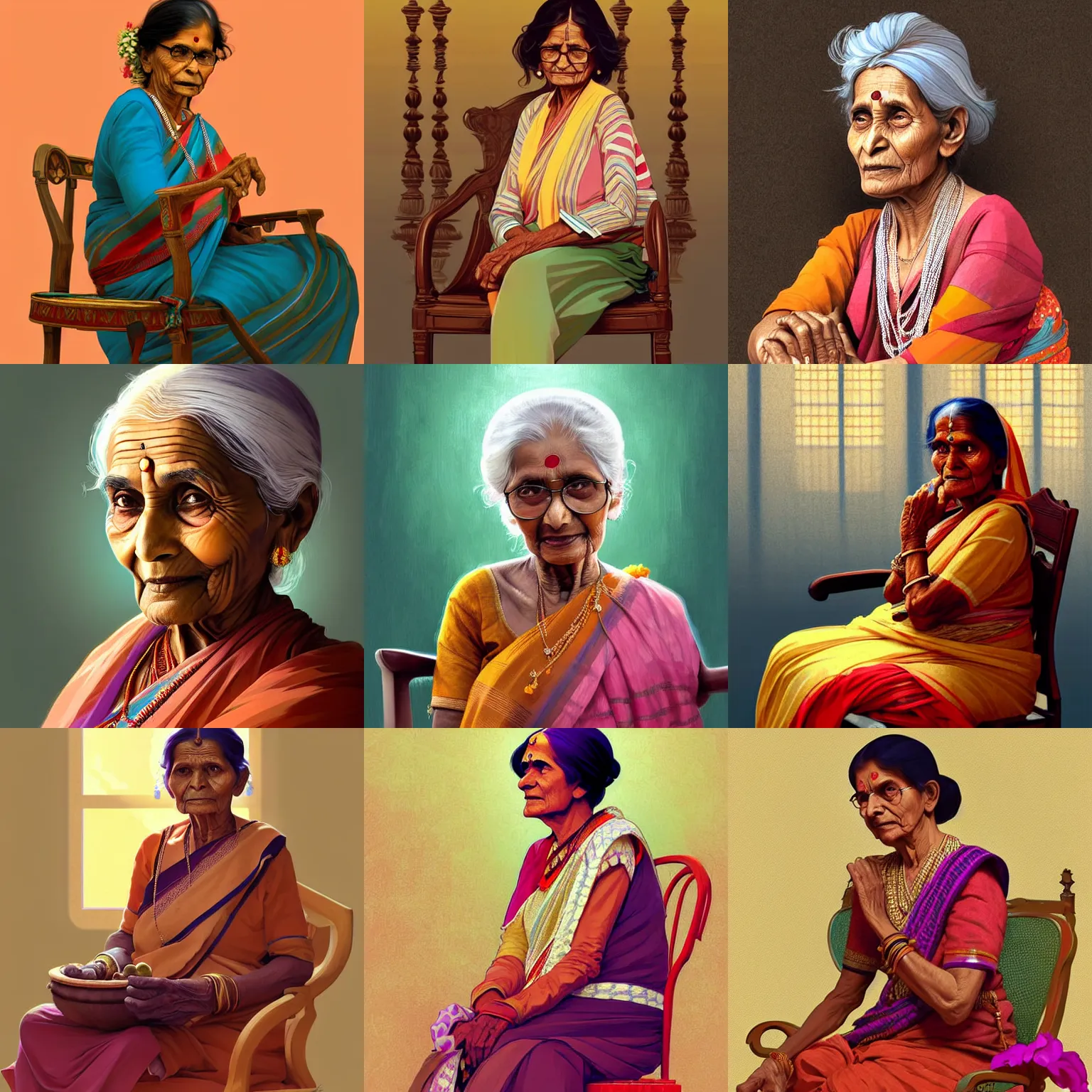 Prompt: graceful elderly indian woman sitting in a chair. highly detailed, digital painting, artstation, concept art, smooth, sharp focus, illustration, art by artgerm and alphonse mucha, high definition digital art, in the style of ilya kuvshinov and Ross tran