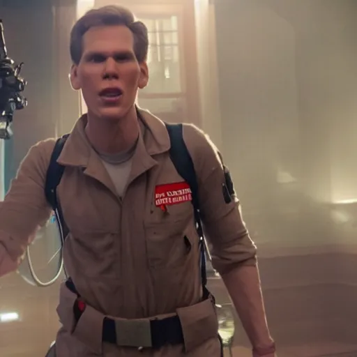 Image similar to Live Action Still of Jerma in Ghostbusters, real life, hyperrealistic, ultra realistic, realistic, highly detailed, epic, HD quality, 8k resolution, body and headshot, film still