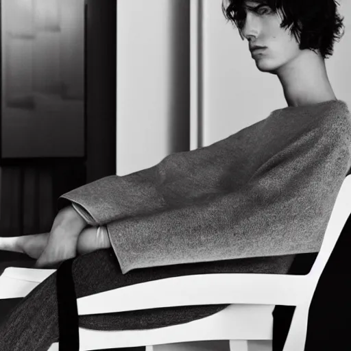 Image similar to close up of fashion model sitting on chair, official jil sander editorial