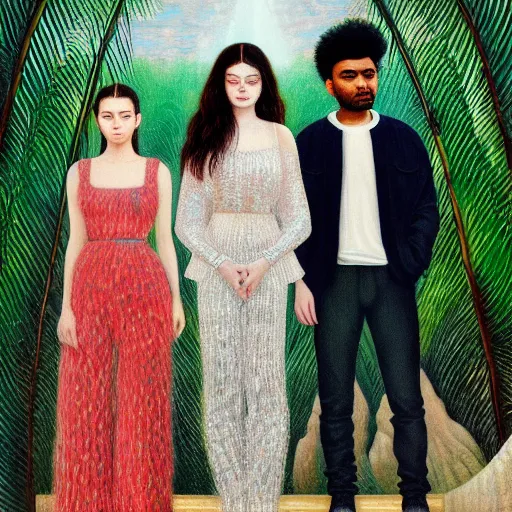 Image similar to a ultradetailed beautiful painting of lorde, frank ocean, the weeknd and lana del rey standing in front of the diamonds waterfall in the amazonas palace balustrade designed by jules bastien - lepage, tarsila do amaral, frank weston and gustave baumann, beach, trending on artstation, mediterranean, palm trees, sharp focus, soft light, 8 k 4 k