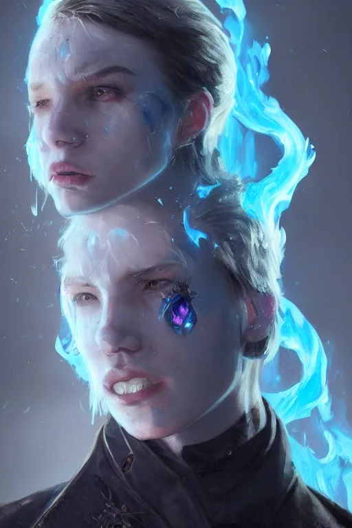 Image similar to a fancy portrait of a charecter with half ice and half blue flames by Greg Rutkowski, Sung Choi, Mitchell Mohrhauser, Maciej Kuciara, Johnson Ting, Maxim Verehin, Peter Konig, Bloodborne , 8k photorealistic, cinematic lighting, HD, high details, atmospheric , trending on artstation
