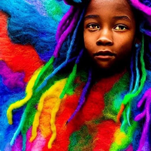 Image similar to a black girl with a colorful dreadlocks and rainbow eyes, in a candy forest! at night, bokeh, bright colours, watercolor, volumetric wool felting, macro photography, children illustration, by goro fujita