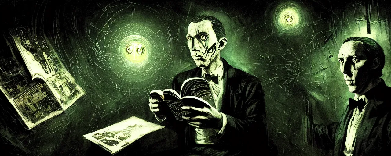 Image similar to duotone dark scifi illustration 3 / 4 portrait of hp lovecraft reading necronomicon. cinematic lighting mad scientist style. golden ratio accidental renaissance. by dave mckean. graffiti art, scifi, fantasy, hyper detailed. octane render. concept art. trending on artstation