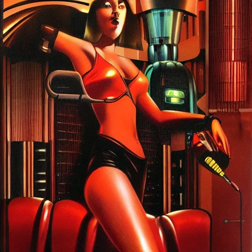 Prompt: a sultry female android singing jazz in a sci-fi club, art deco style, Peter Elson style