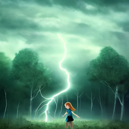 Image similar to young girl playing flute, birch forest clearing, storm at night, lightning dragons attack, low angle facing sky, cinematic, dramatic lighting, big storm clouds, high contrast, artstation, ghibli, hosada