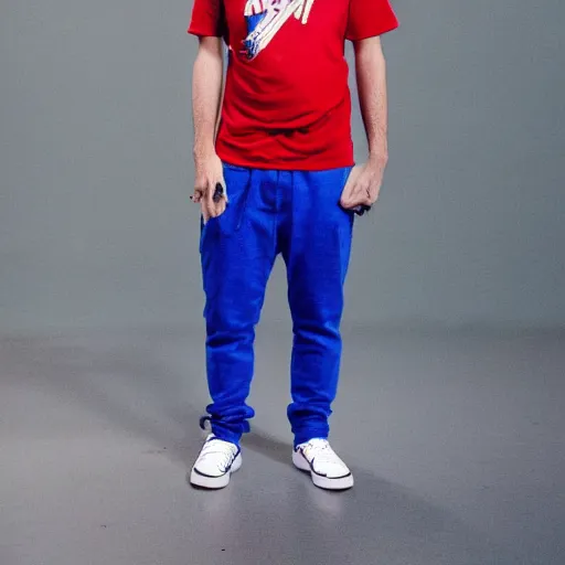 Image similar to a full body shot of an average white, short young - adult man with blue dyed hair holding a microphone, wearing a red backwards cap, white t - shirt with a red no symbol on it, blue long pants and red shoes