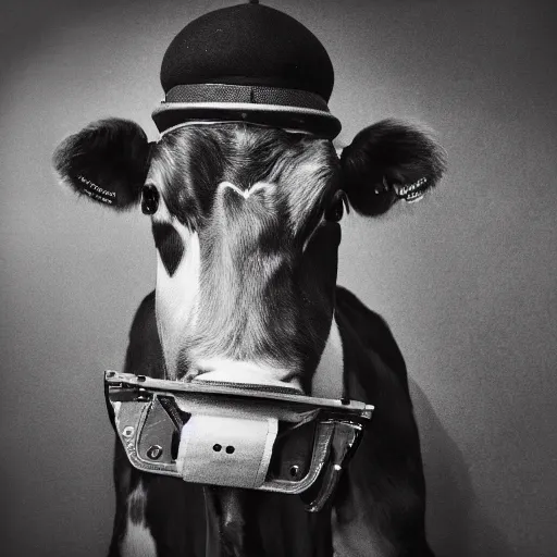 Image similar to a highly detailed ultra realistic photograph of a cow dressed in a male airplane pilot suit