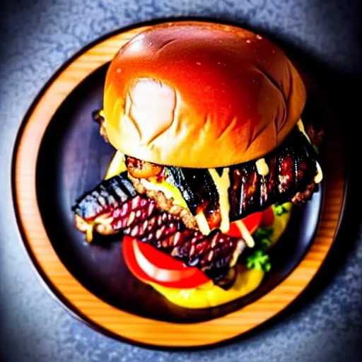 Image similar to The ultimate double cheeseburger with extra unagi, on a hand carved cherrywood plate. Perfect photography.